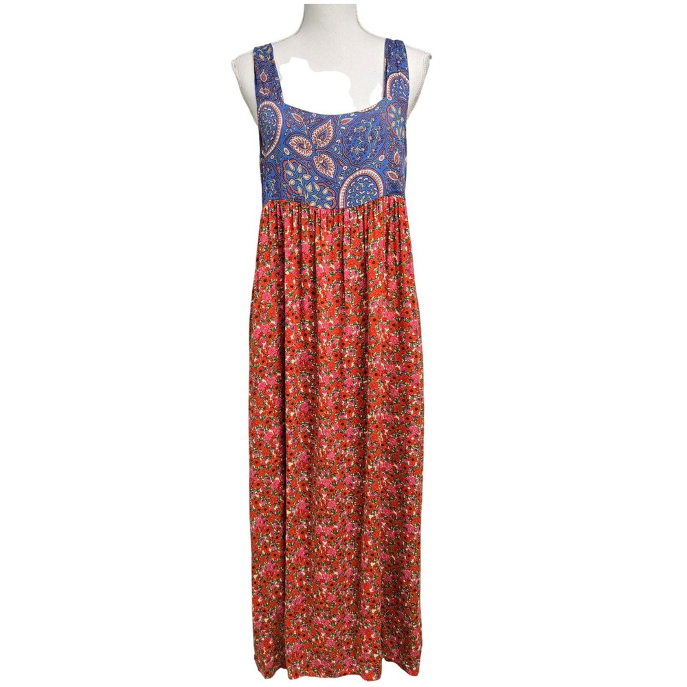 Natural Life Floral Paisley Mixed Print Maxi Dress Boho Blue Red Women's Size L